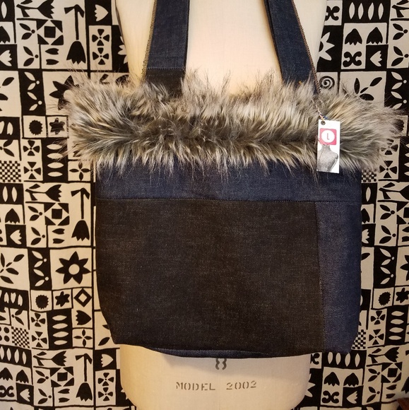 New Patchwork Grey Faux Fur and Denim Bag - Picture 5 of 5